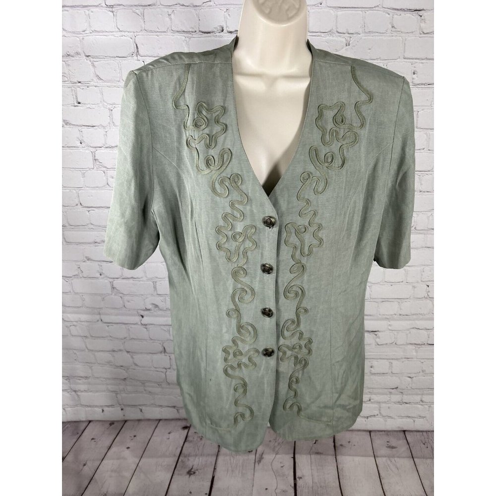 VTG Perceptions By Irene B Green Shoulder Padded Button Up Embellished Blouse 14